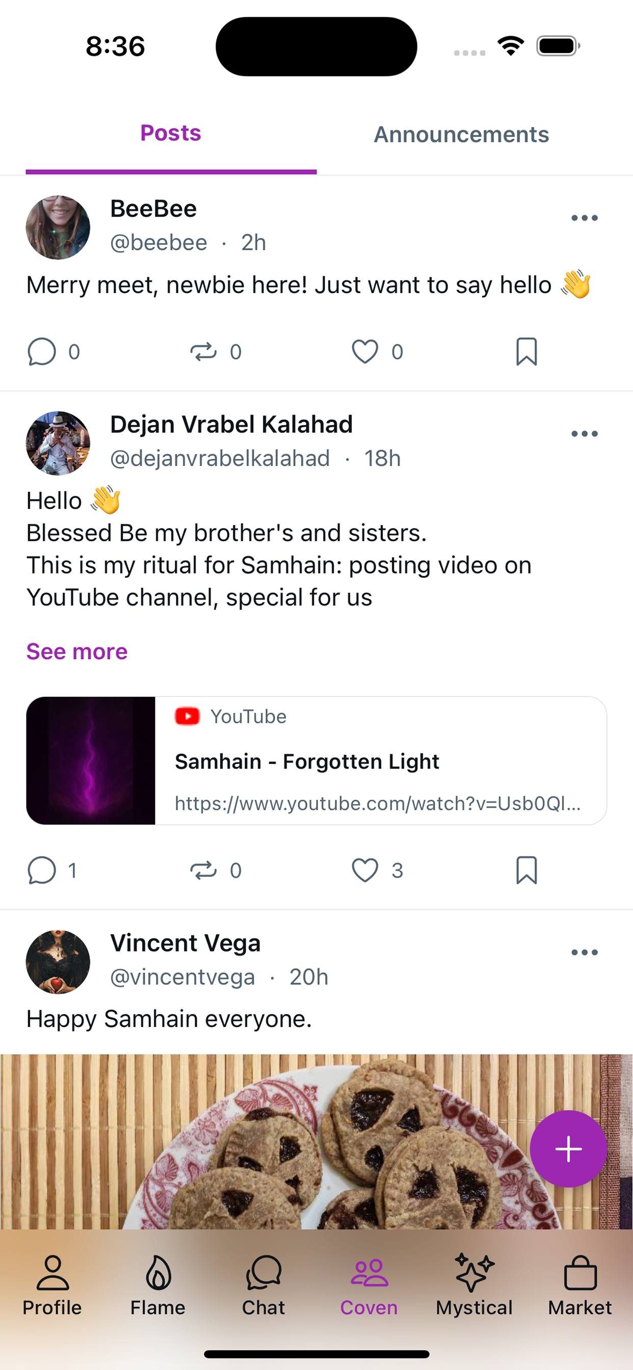 The Coven community feed in the Witch Finder app, with members sharing Samhain greetings