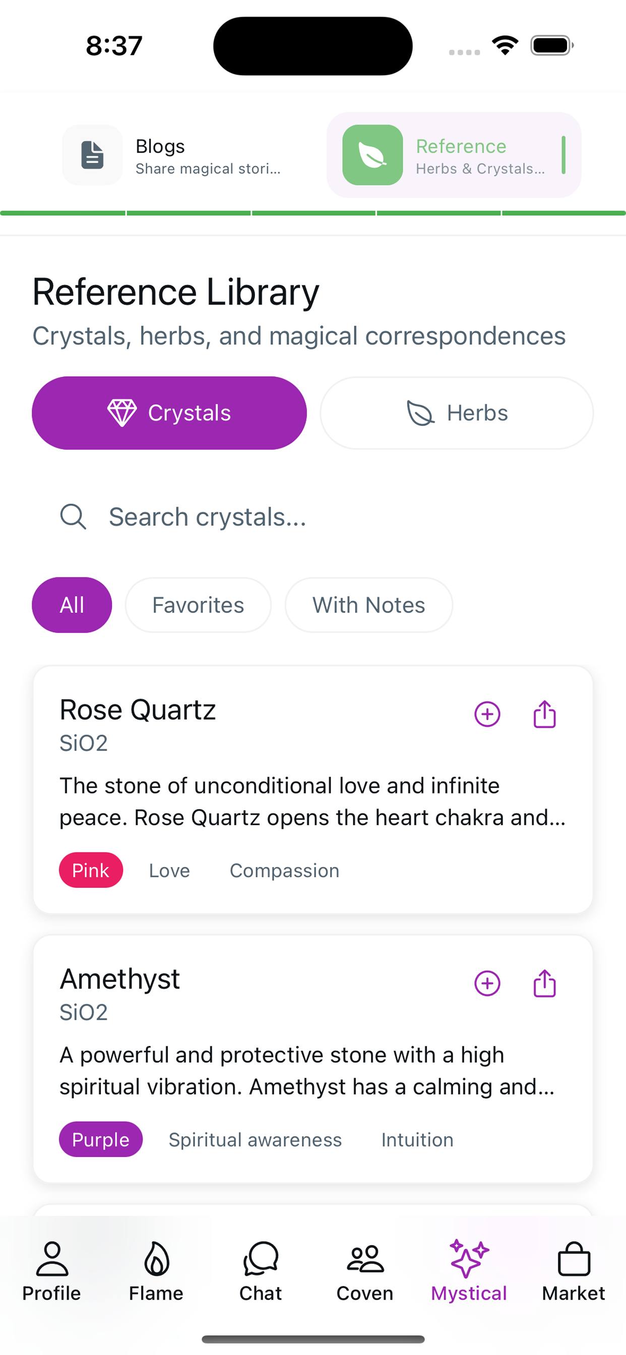 Witch Finder Reference screen — Crystals & herbs