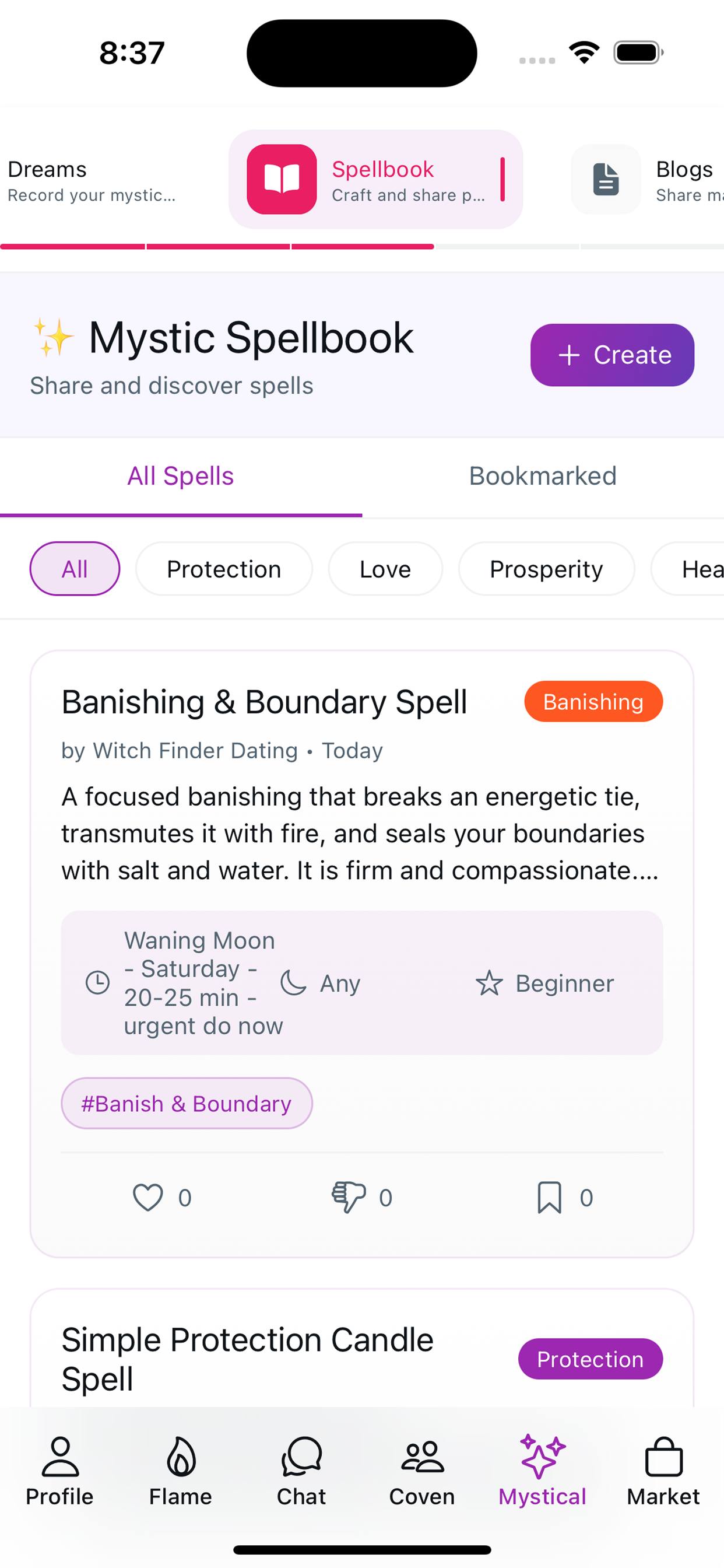 Witch Finder Spellbook screen — Share & discover spells