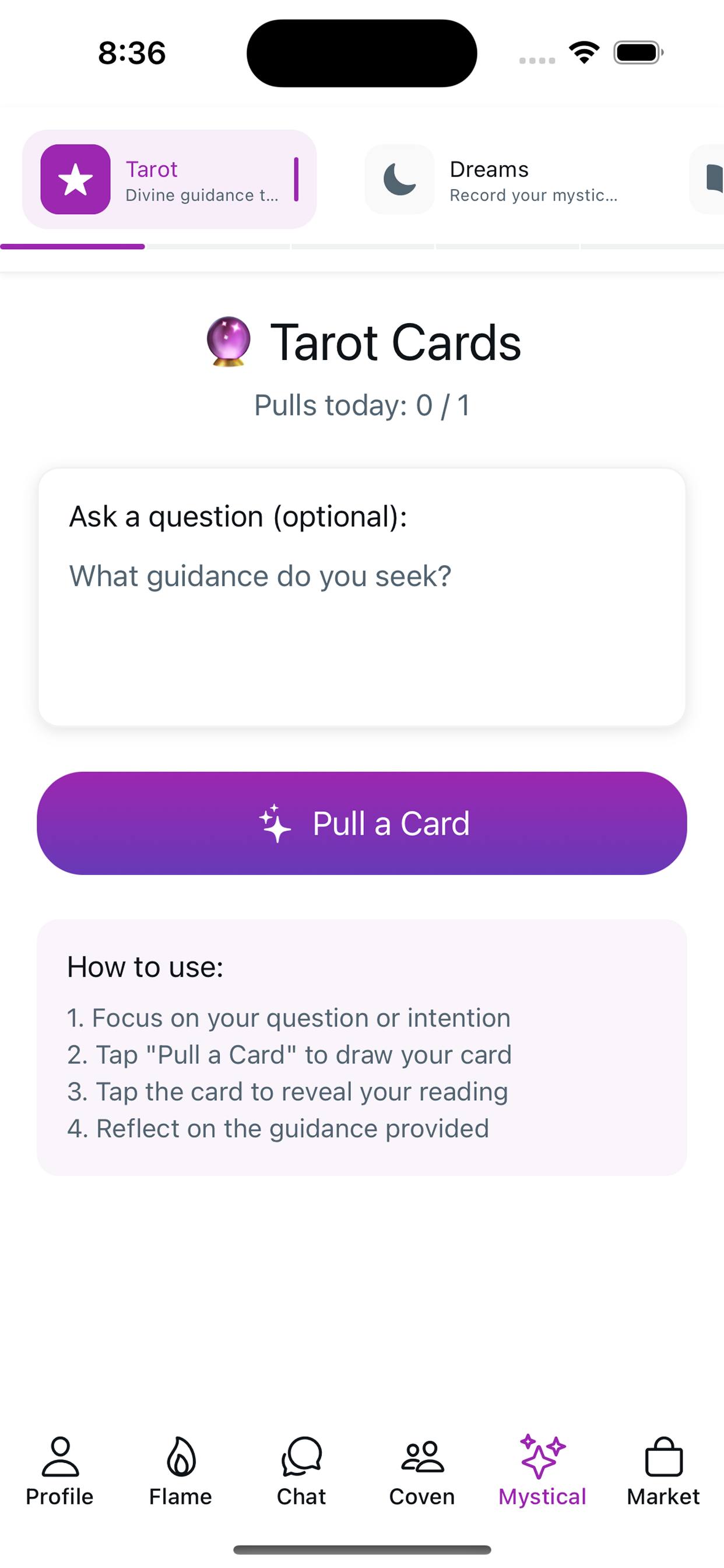Witch Finder Tarot screen — Your daily pull